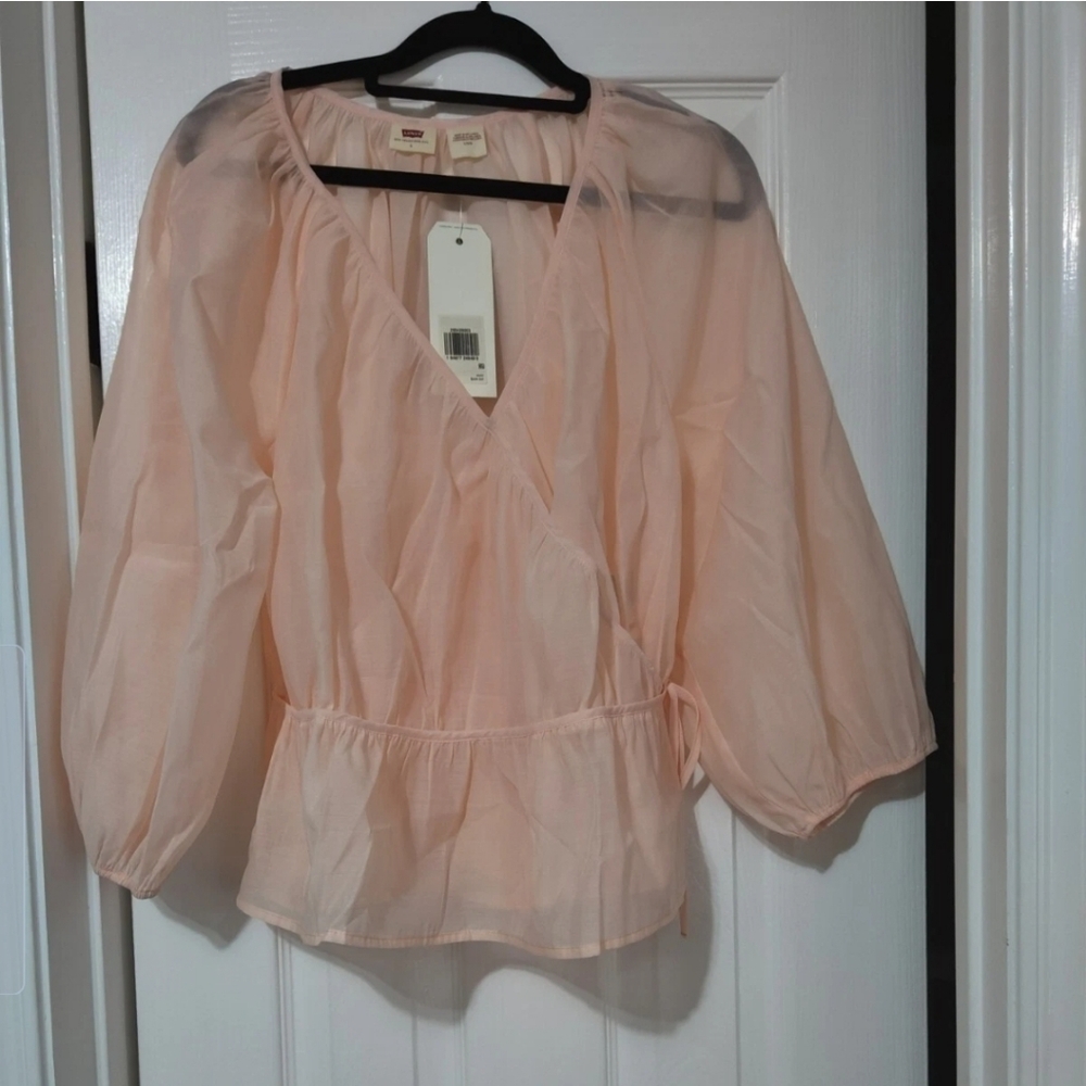 Levi's Women's Large Sheer Peachy Pink Wrap Blouse Shirt Top